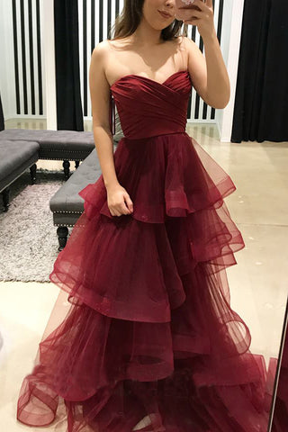 Burgundy Prom Dresses,Sweetheart Prom Gown,Tulle Prom Dress,Long Prom Dress,Puffy Prom Dress