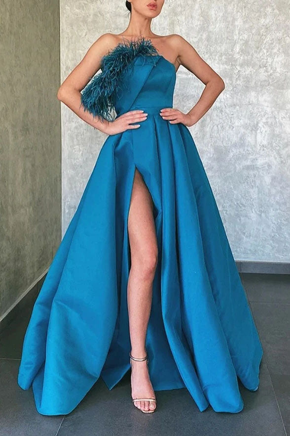 A-line Blue Floor Length Satin Prom Dress Formal Evening Dress OKT94