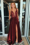 Unique V-neck Sleeveless Burgundy Split Satin Prom Dress with Appliques Pockets OKT87