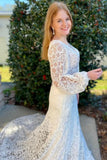 White Lace Long Sleeves Mermaid Open Back Mermaid Wedding Dress OK1616