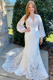 Chic Lace Long Sleeves V Neck Open Back Mermaid Wedding Dress OK1538