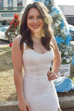 White Sequin V Neck Mermaid Long Prom Dress Evening Dresses OK2028