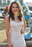 White Sequin V Neck Mermaid Long Prom Dress Evening Dresses OK2028