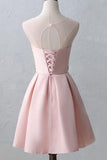 A Line Knee-Length Open Back Pink Satin Homecoming Dresses With Flower Appliques OK384