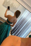 Emerald Green Sequins Two Pieces Strapless Long Prom Dress With Pockets OK1996