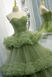 Princess Spaghetti Straps Green Tulle Long Prom Dress A line Tiered Formal Evening Dress OK1667