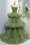 Princess Spaghetti Straps Green Tulle Long Prom Dress A line Tiered Formal Evening Dress OK1667