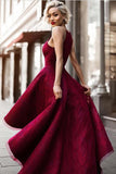 Charming Burgundy A Line Asymmetrical Lace Sleeveless Long Prom Dresses OKA24