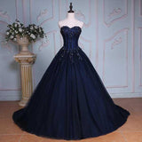 Navy Blue Ball Gown Court Train Sweetheart Strapless Appliques Prom Dresses OK625