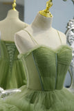 Princess Spaghetti Straps Green Tulle Long Prom Dress A line Tiered Formal Evening Dress OK1667