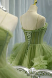 Princess Spaghetti Straps Green Tulle Long Prom Dress A line Tiered Formal Evening Dress OK1667