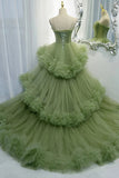 Princess Spaghetti Straps Green Tulle Long Prom Dress A line Tiered Formal Evening Dress OK1667