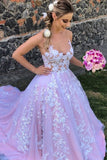 Unique Backless A-Line Tulle Long Prom Dress Lace Appliques Evening Dress OK1238