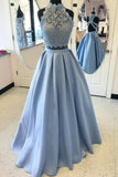 2 Piece Satin High-Neck Prom Gown,Floor Length Prom Dress With Lace Top OKC76