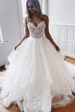 A-line Off White Sweetheart Spaghetti Straps Tulle Lace Appliques Long Wedding Dress OKY6