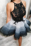 Cute Tulle Lace Short Prom Dresses, Black Top Homecoming Dress OKP53