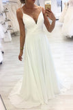 White V Neck Straps Chiffon Long Prom Dresses A Line Evening Dress OKQ38