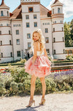 Sweet A-Line V-Neck Sleeveless Short Pink V Neck Homecoming Dress With Lace OKZ47