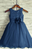 A-Line Round Neck Navy Blue Tulle Flower Girl Dresses with Flower OKP21