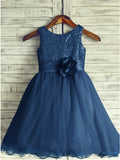 A-Line Round Neck Navy Blue Tulle Flower Girl Dresses with Flower OKP21