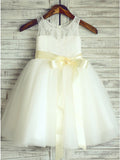 A-Line Round Neck White Flower Girl Dresses with Lace Sash OKP24