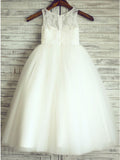 A-Line Round Neck White Tulle Flower Girl Dresses with Lace OKP25