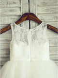 A-Line Round Neck White Tulle Flower Girl Dresses with Lace OKP25