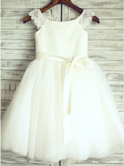 A-Line Round Neck White Flower Girl Dresses with Sash Lace OKP26
