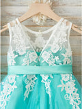 A-Line Round Neck Mint Tulle Flower Girl Dresses with Appliques OKP27