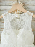 A-Line Jewel Open Back White Lace Flower Girl Dresses OKP28