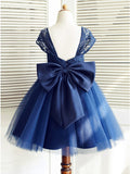 A-Line Square Neck Cap Sleeves Dark Blue Flower Girl Dresses with Lace Bowknot OKP16