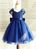 A-Line Square Neck Cap Sleeves Dark Blue Flower Girl Dress with Lace Bowknot OKP16