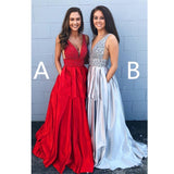 Cheap A-line Deep V Neck Beading Backless Long Prom Dresses With Pockets OKG42