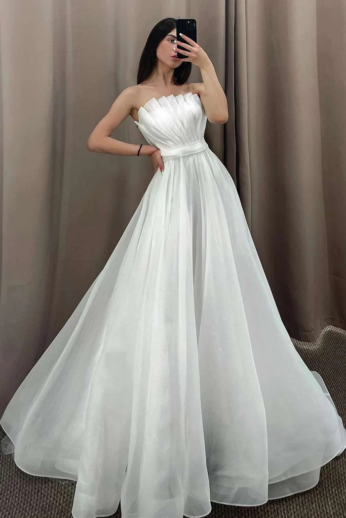 Elegant Off White Strapless Pleated A-Line Wedding Dress with Detachable Sleeves OK1907