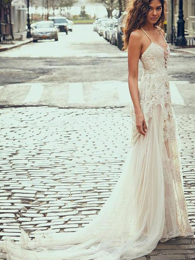 A-Line Spaghetti Straps Lace Beach Wedding Dresses, Simple Boho Wedding Gown OKH84