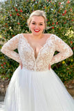 Off White Lace Top V-Neck Long Sleeves Backless Wedding Dress OK1618