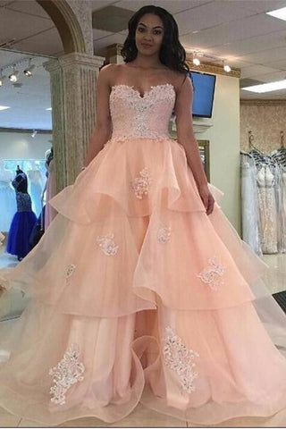 Pink Strapless Backless Lace Organza Long Qunceanera Dress Prom Dresses K684