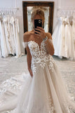 A Line Off the Shoulder Tulle Wedding Dress with Appliques N092