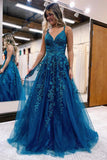 A-line V-Neck Lace Appliques Blue Long Prom Dress Evening Dresses OK2018