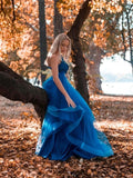 Blue One Shoulder Tulle A Line Lace Appliques Long Prom Dress, Formal Evening Dress OK1967