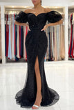 Mermaid Black Off the Shoulder Sequined Slit Long Prom Dress. Formal Evening Dress OK1193