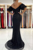 Mermaid Black Off the Shoulder Sequined Slit Long Prom Dress. Formal Evening Dress OK1193