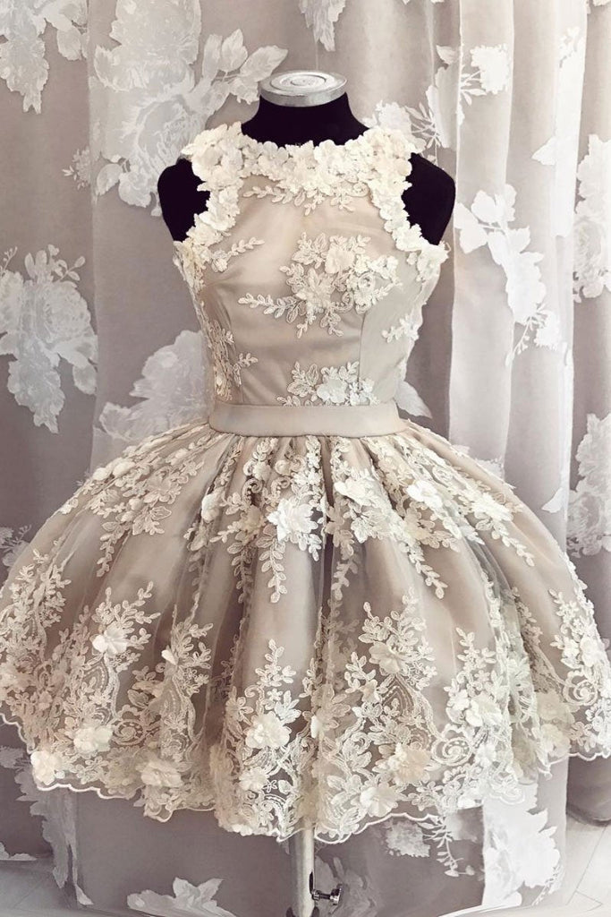 Best Tulle Lace Applique Short Prom Dress  A Line Cute Homecoming Dress OKP43