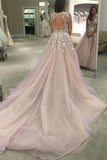 Spaghetti Straps V-neck Long Tulle Wedding Dress Prom Dresses with Appliques OK547