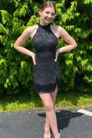 Black Sequins Halter Tassel Mini Party Dress Short Homecoming Dress OK1490