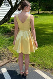 A-Line Yellow V-Neck Satin Short Homecoming Dress Graduation Dress OK1495