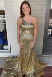 Gold Sequin One-Shoulder Mermaid Long Prom Dress Formal Evening Dresses OK1896