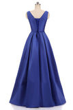 Stunning Royal Blue A Line Satin Floor Length Formal Prom Dress OKV47