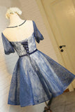 Vintage A-Line Crew Knee-Length Short Sleeves Navy Blue Lace Homecoming Dress OK455