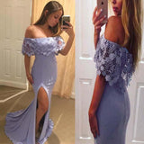 Pretty Lavender Off Shoulder With Lace Split Mermaid Prom Dress OKF15